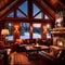 Cozy luxurious winter cabin with warm fire and cold snow outside