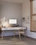 Cozy minimal home workspace interior design with PC computer mockup on table, wood armchair