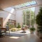 Cozy modern bright light relax room with bookcase, lounge chair and plant decorate, open ceiling glass and large bank of windows.