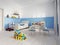 Cozy modern children`s room decor with white furniture, floor an