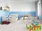 Cozy modern children`s room decor with white furniture, floor an