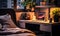 Cozy modern home office at night with stylish desk comfortable chair decorative plants and soft lighting from a desk lamp creating