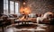 Cozy modern living room with natural stone wall, leather sofas, fur throw, wooden table, cowhide rug, and warm lighting