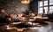 Cozy modern living room with natural stone wall leather sofas fur throw wooden table cowhide rug and warm lighting