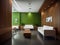 Cozy Modern Waiting Room: Green Wall with Wood Cladding & Sleek White Sofas