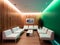 Cozy Modern Waiting Room: Green Wall with Wood Cladding & Sleek White Sofas