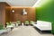 Cozy Modern Waiting Room: Green Wall with Wood Cladding & Sleek White Sofas