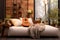 Cozy modernity defines the living room, where a guitar adds character.