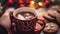 a cozy moment with a person holding a mug of hot chocolate topped with marshmallows, accompanied by cookies in a festive setting