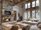 Cozy mountain cabin living room with a stone fireplace and wooden beams3D render