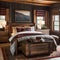 A cozy mountain cabin-style bedroom with log bed frames, plaid bedding, and woodsy decor1