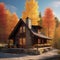 A cozy mountain cabin surrounded by autumn foliage, with a view of colorful trees Rustic and inviting fall retreat2