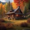 A cozy mountain cabin surrounded by autumn foliage, with a view of colorful trees Rustic and inviting fall retreat5