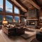 A cozy mountain lodge with a roaring fireplace, wooden beams, and a view of snowy peaks Warm and inviting alpine getaway4