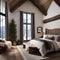 A cozy mountain lodge-style bedroom with log bed frames, faux fur throws, and rustic accents2
