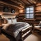 A cozy mountain lodge-style bedroom with log bed frames, faux fur throws, and rustic accents3