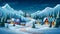 A cozy mountain village with beautiful houses covered in snow and decorated for Christmas, illustration.