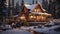 Cozy mountain wooden eco-lodge nestled amidst a snow-covered pine forest. Warm golden lights illuminating the windows