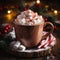 cozy mug of hot chocolate with festive garnishes in a snowy winter environment, Christmas joy, Generative AI