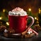 cozy mug of hot chocolate with festive garnishes in a snowy winter environment, Christmas joy, Generative AI