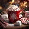 cozy mug of hot chocolate with festive garnishes in a snowy winter environment, Christmas joy, Generative AI