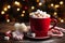 cozy mug of hot chocolate with festive garnishes in a snowy winter environment, Christmas joy, Generative AI