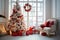 A Cozy New Year\\\'s Haven: White Room Interior in Red Tones with Decorated New Year Tree, Gift Boxes,