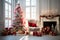 A Cozy New Year\\\'s Haven: White Room Interior in Red Tones with Decorated New Year Tree, Gift Boxes,