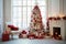 A Cozy New Year\\\'s Haven: White Room Interior in Red Tones with Decorated New Year Tree, Gift Boxes,