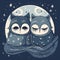 Cozy Night: Two Owls Sleeping Under a Blanket with Cute Stars and Moon.