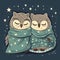 Cozy Night: Two Owls Sleeping Under a Blanket with Cute Stars and Moon.