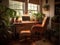 Cozy office with chair laptop and plants