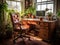 Cozy office with chair laptop and plants