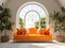 Cozy orange loveseat sofa against of arched window. Interior design of modern living room