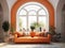 Cozy orange loveseat sofa against of arched window. Interior design of modern living room