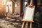 Cozy outdoor cafe with wooden easel, warm sunlight, and brick building backdrop