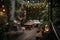 cozy outdoor patio with deck chairs and lanterns, surrounded by lush greenery