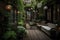 cozy outdoor patio with deck chairs and lanterns, surrounded by lush greenery