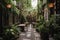 cozy outdoor patio with deck chairs and lanterns, surrounded by lush greenery