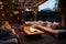 a cozy outdoor patio with soft cushions and a fire pit