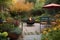 cozy outdoor patio with warm fire and sipping tea, surrounded by blooming gardens