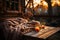 Cozy outdoor scene featuring a warm blanket, candles and fallen leaves on a countryhouse terrace