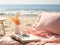 Cozy Pastel Pink Beach Chair with Pillow on the Shore