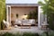 Cozy patio area with garden furniture, sliding doors and decking, in the style of atmospheric and dreamy