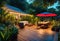 Cozy patio in the back garden with wooden decking, tropical plants and plunge pool. modern design of a place to relax at home,