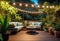 Cozy patio in the back garden with wooden decking, tropical plants and plunge pool. modern design of a place to relax at home,