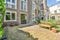 Cozy patio of house with cobblestone