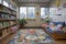 A cozy pediatrician's office with a colorful floral rug, bookshelves filled with children's books, and a sunny