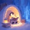 Cozy Penguin Reading in Winter Hut