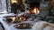 A cozy picnic setup in front of a crackling fireplace perfect for a winter picnic
